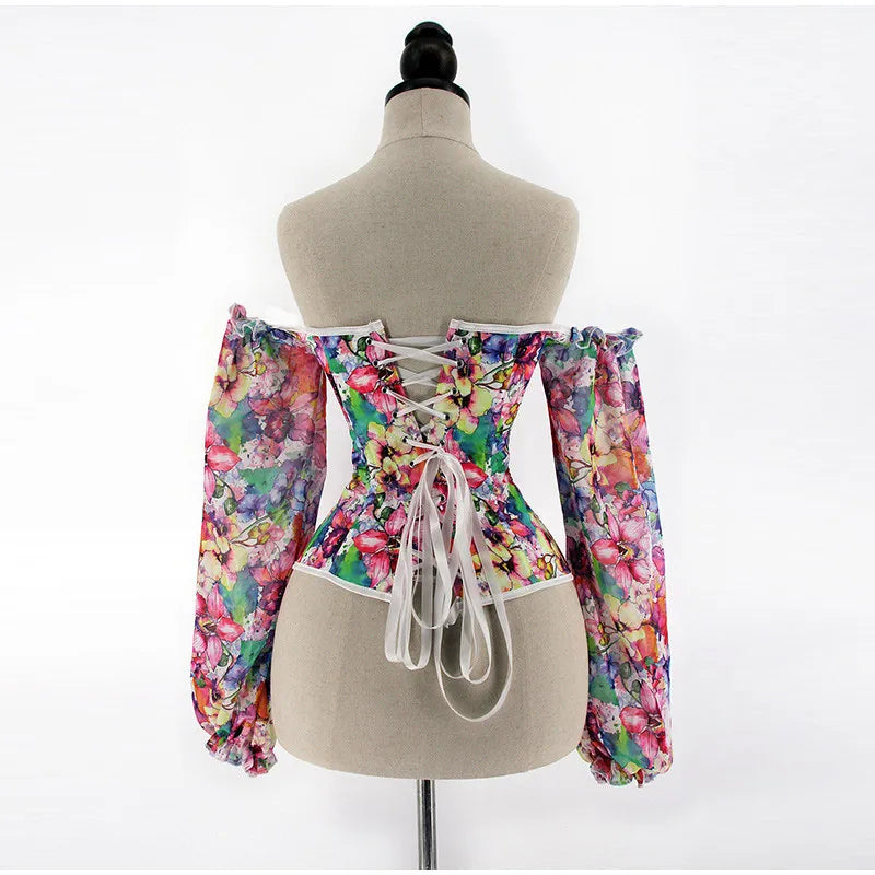 Sexy Off Shoulder Women Tops And Blouse Fashion Puff Sleeve Bodycon Crop Top Casul Holiday Beach Floral Blouses Shirt