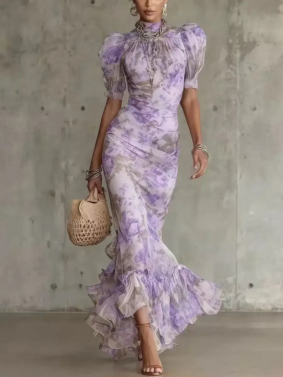 Vintage Chiffon Maxi Dress With Stand Collar Short Sleeve for Women