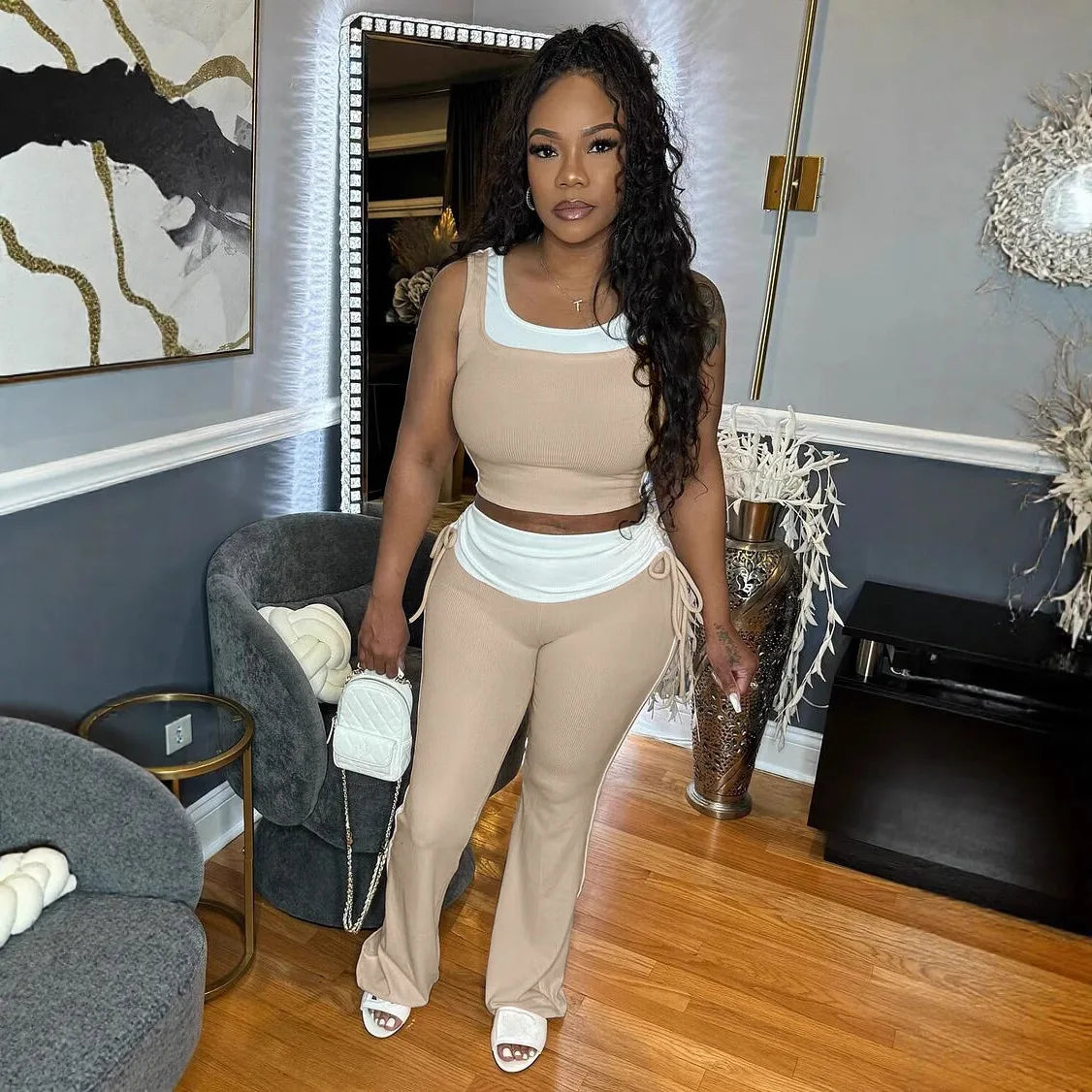 CM.YAYA Fashion Knit Ribbed Patchwork Women's Set Sleeveless Tank Tops and Flare Pants Tracksuit 2025 Two 2 Piece Sets Outfit