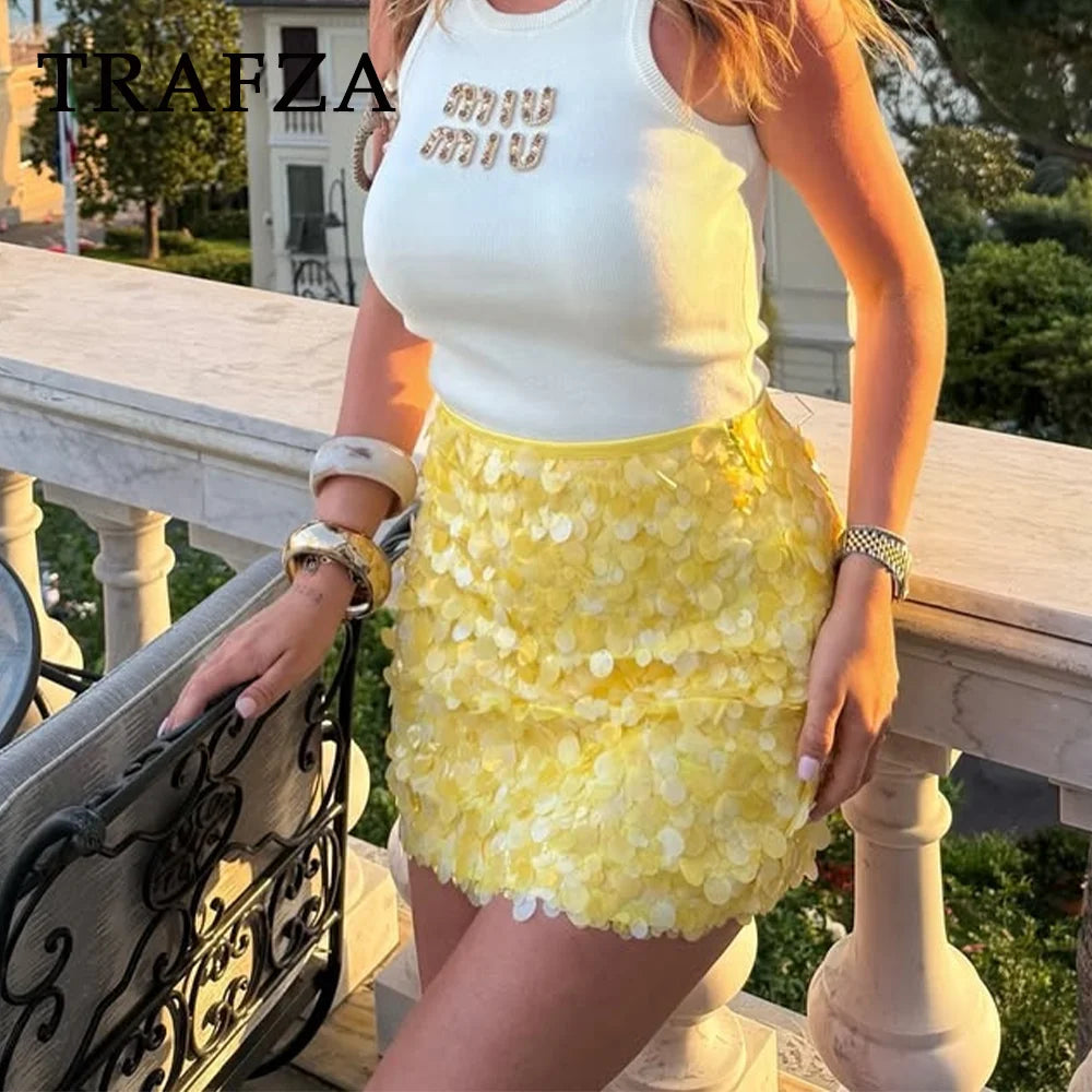 TRAFZA 2025 Spring Summer Sexy Butter Yellow Women Skirts Fashion Streetwear Beading Solid Straight Chic Ladies Mini Skirts
