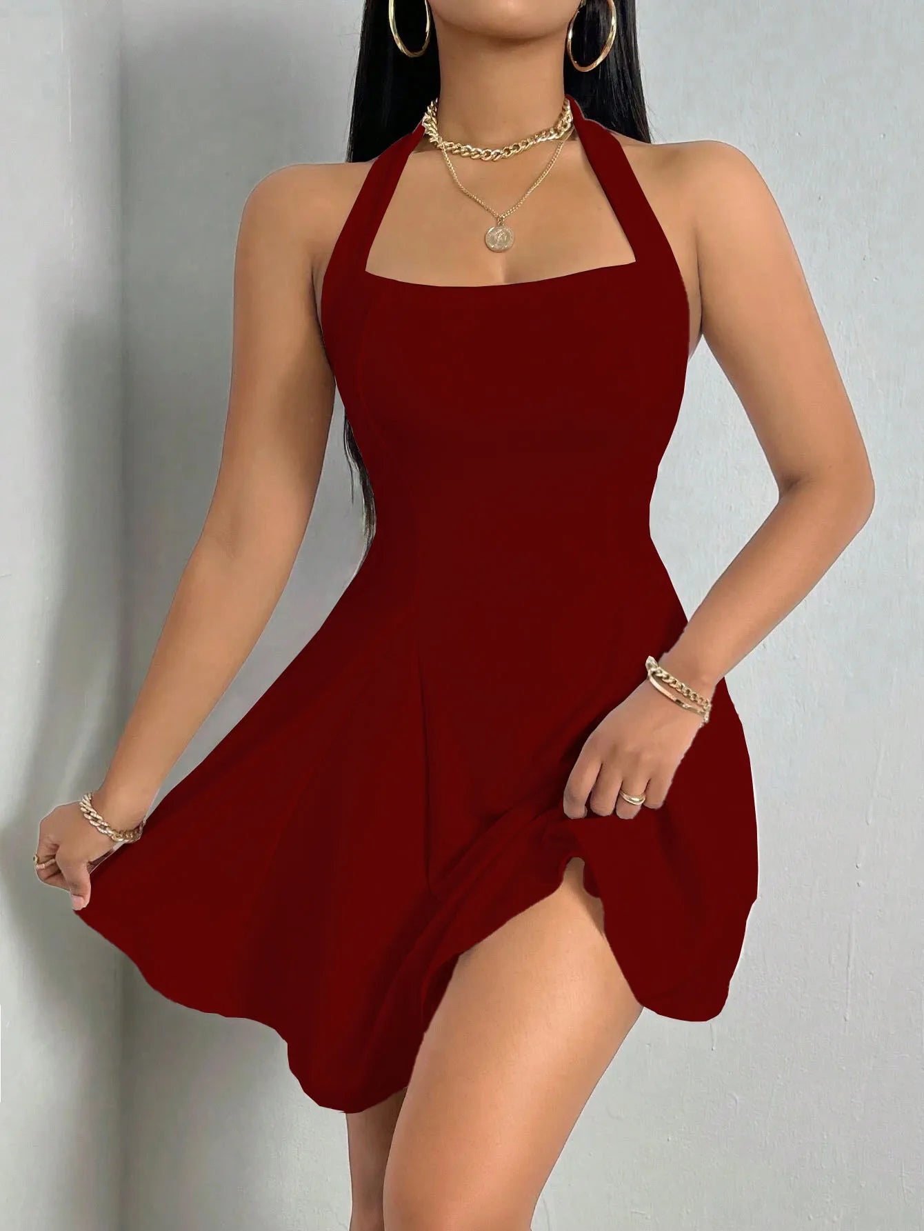 Womens Summer Sleeveless A-Line Skirt Sexy Mini Elegant Halter Neck High Waist Dress Party Club Evening Bodycon Dress 2024