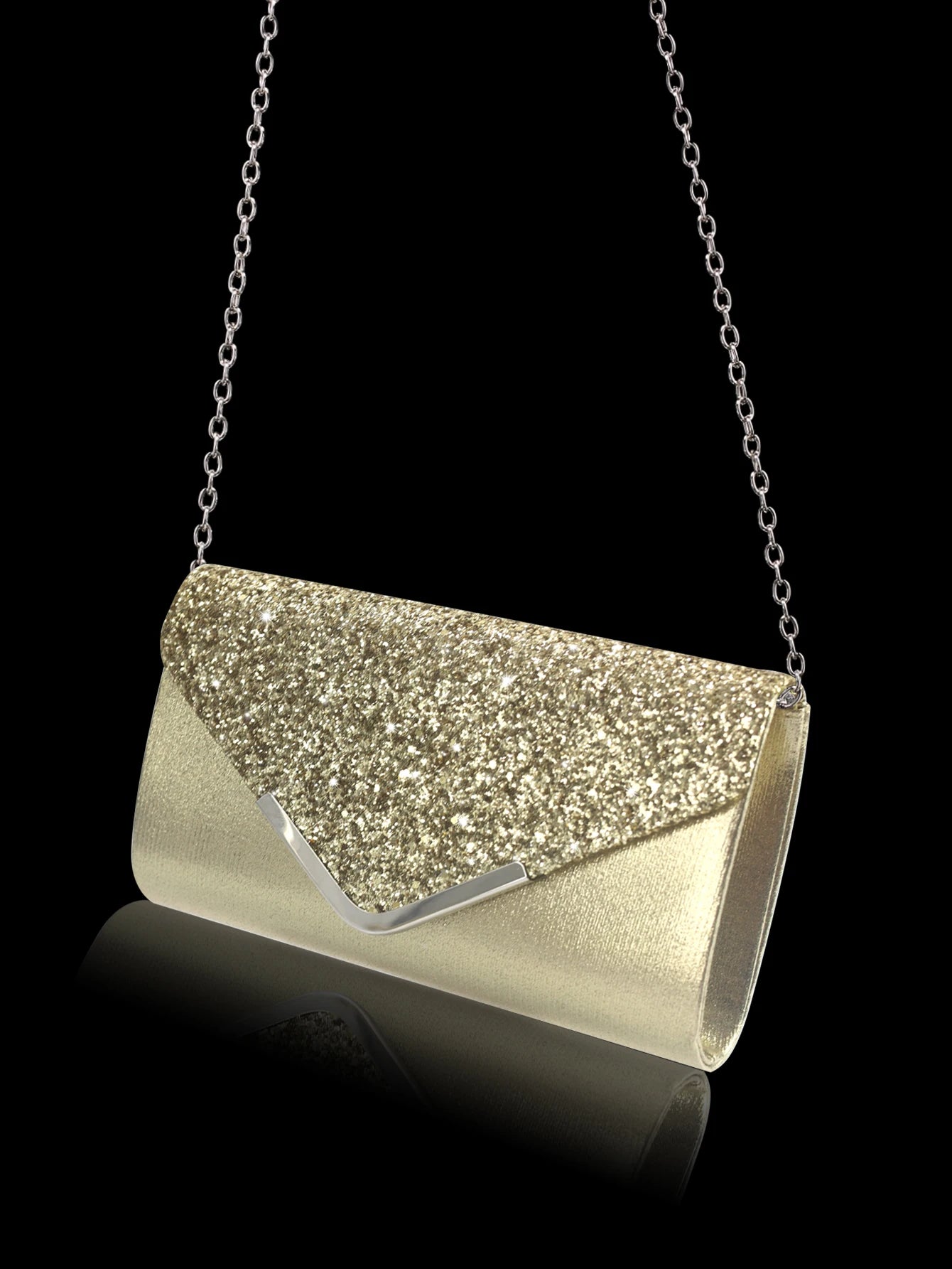 Sparkling and luxurious sequined evening clutch for women, paired with a gorgeous rhinestone necklace, earrings and bracelet set