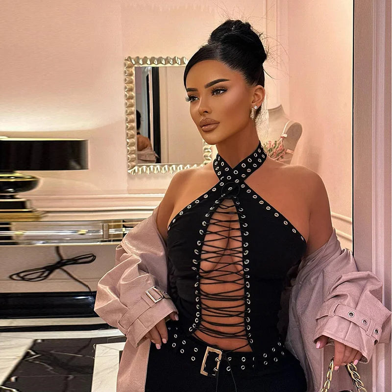 Sexy Halter Backless Black Jumpsuit Woman Elegant Sleeveless Lace-up Hollow Out Bandage One Pieces Romper Night Club Outfit
