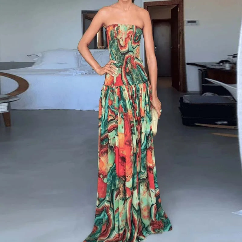 Casual Vacation Sleeveless Bohemian Dress New Summer Off Shoulder Evening Dress Pattern Printed Strapless High Waist Women Dress