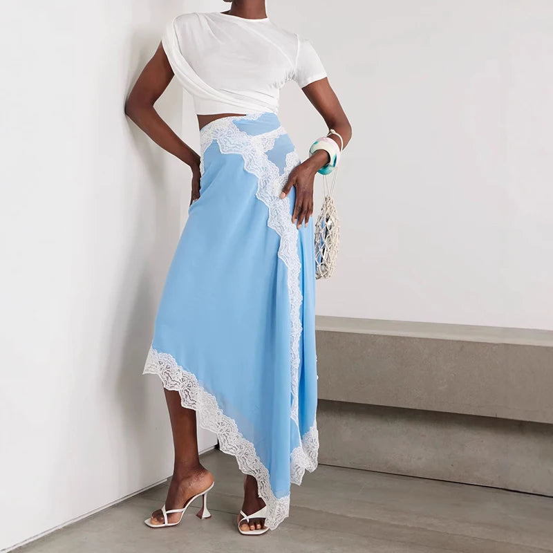 Summer O-neck Short Sleeved Long Dress Lace Patchwork Women's Evening Dress New 2025 Fashionable Hollow Irregular Maxi Dresses