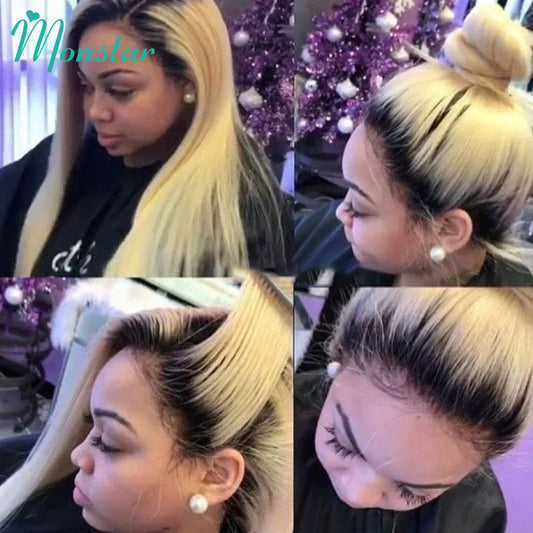 13x6 Lace Frontal Wig Brazilian Straight Full Lace Human Hair Wig 2 Tone Dark Root 1B 613 Ombre Blonde Lace Front Wigs for Women