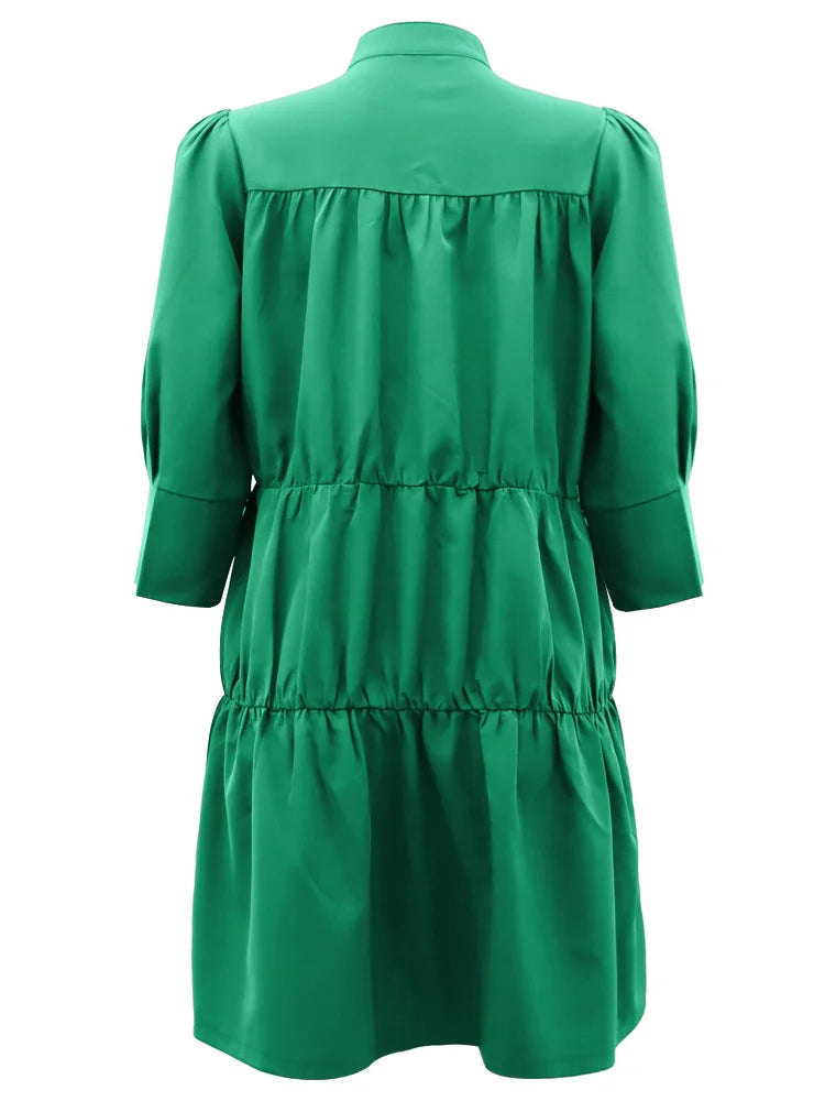 Wmstar Elegant Women Summer Solid Color Short Dress Fashion Long Sleeve High Neck High Waist Clothes Party Casual Mini Dresses