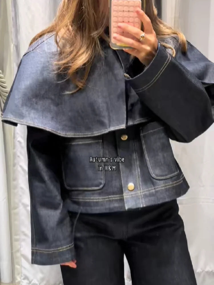 Chic Vintage Cape Denim Jackets For Women Lapel Single Breasted Pocket Jean Coat Pocket Casual Outwear 2025 Autumn Winter Coats