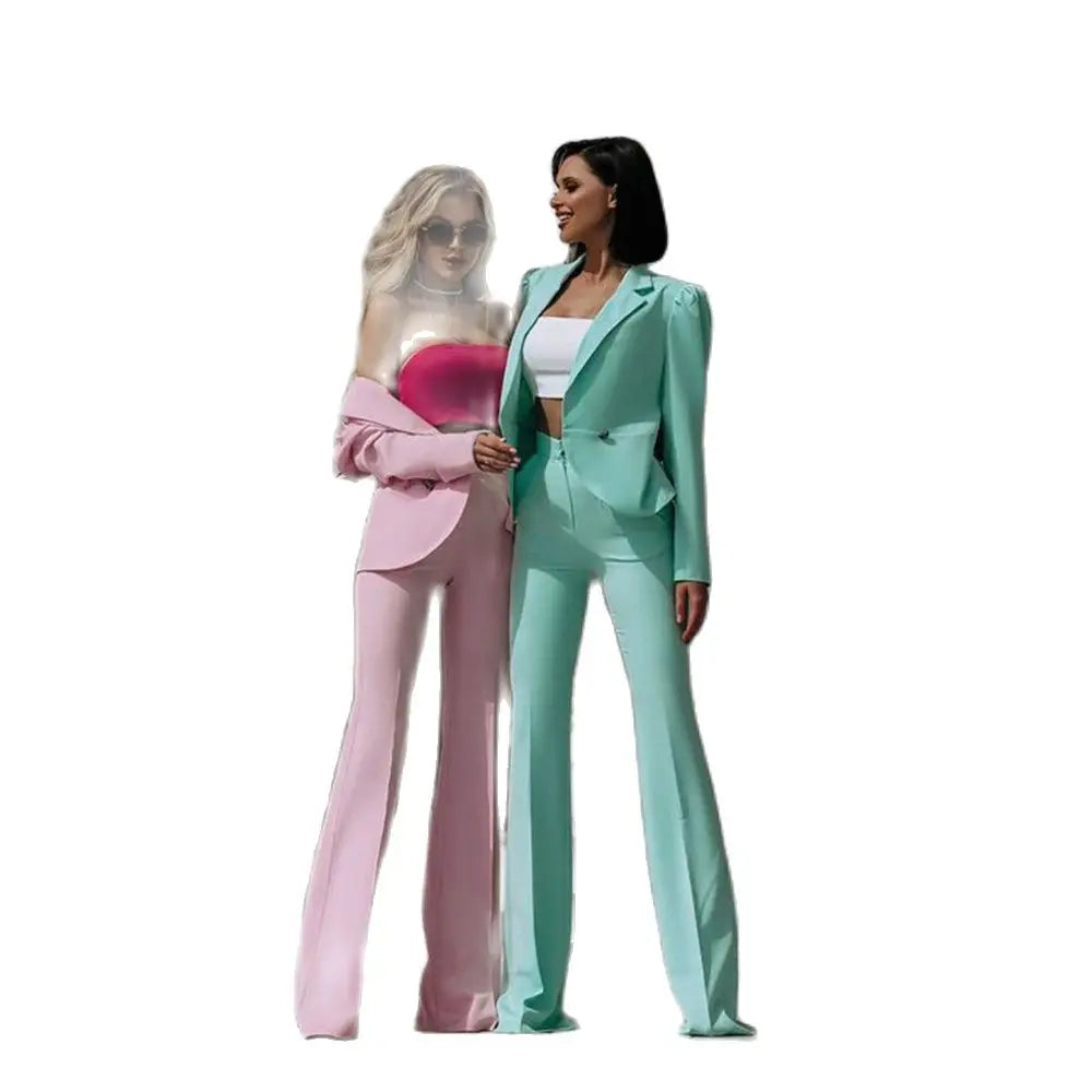 Fashion Chic Pink Blue Suit for Women Single Breasted 2 Piece Jacket Pants Female Clothing Slim Fit Office Lady Blazer Set