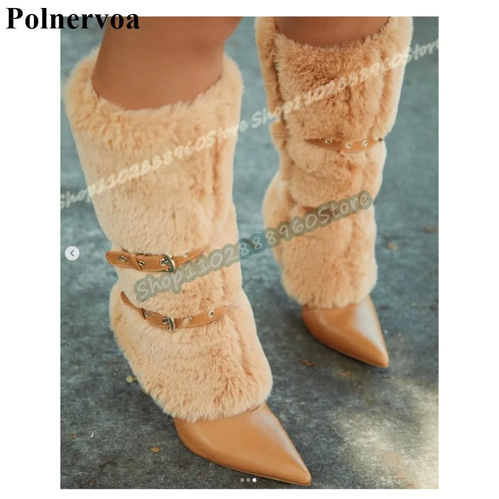 Mid Calf Black Leather Buckle Strap Furry Boots Thin High Heel Women Shoes Side Zipper Pointed Toe Casual Stylish Women Boots