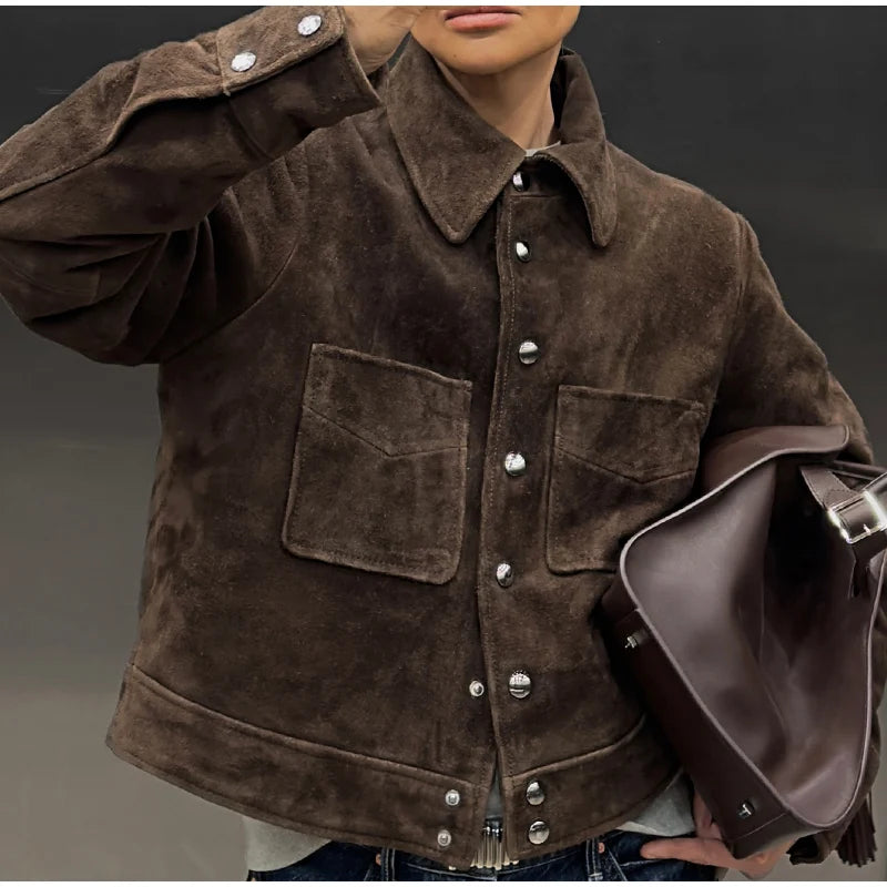 Big Pockets Suede Short Women's Jackets Vintage Lapel Single Breasted Full Sleeve Jacket Lady 2025 Spring Fashion Streetwears