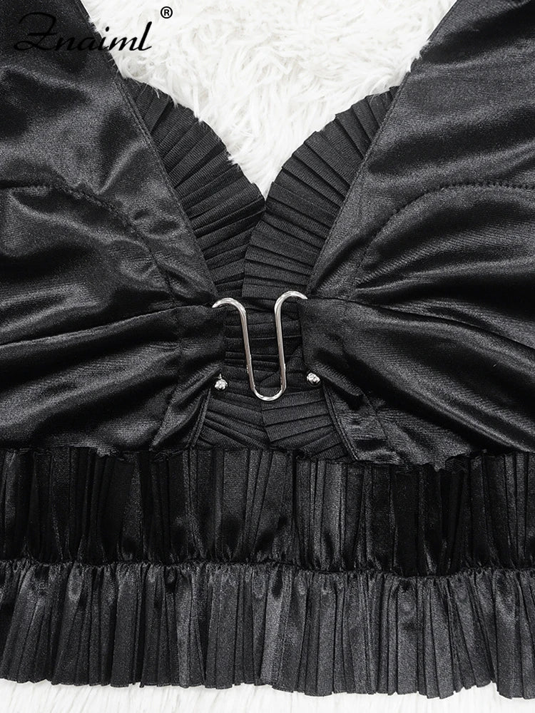 Znaiml Prom Gowns Formal Pleated Two 2 Pieces Women Crop Top and High Slit Skirt Set Ruffles Sexy Night Club Outfits Birthday