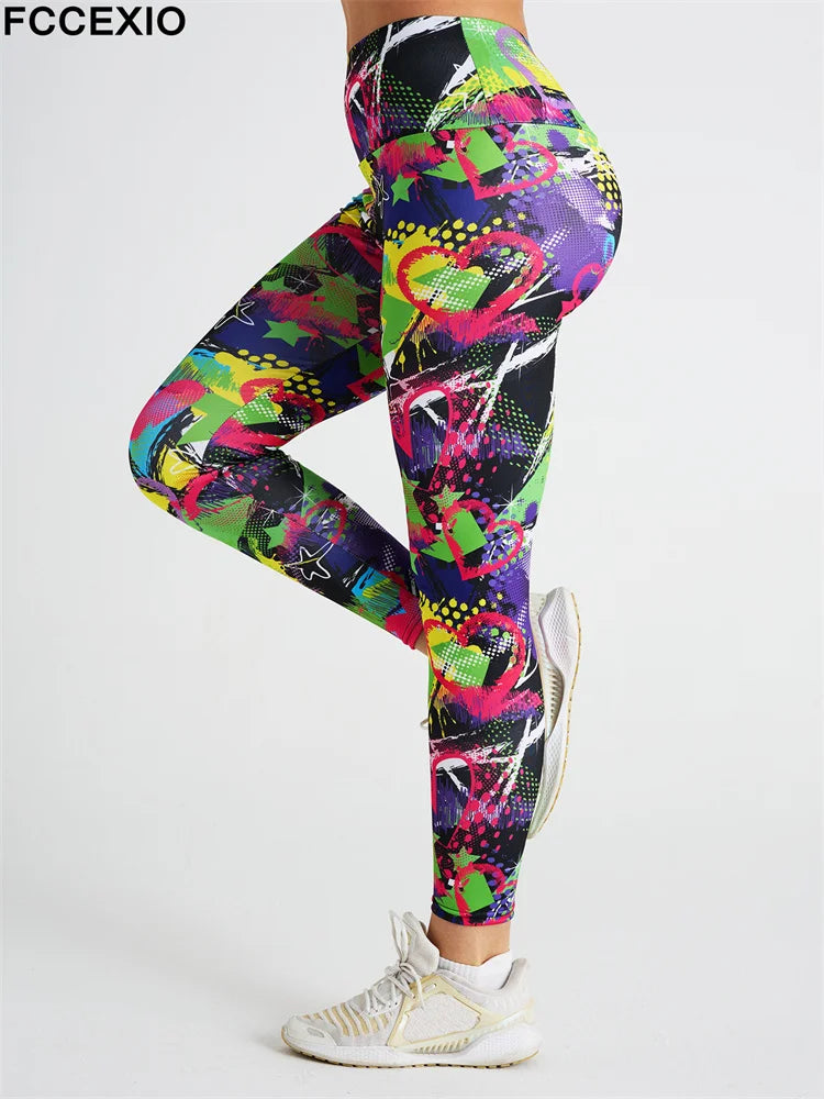 FCCEXIO Hot New Women Leggings Red Lip Love Digital Print Patchwork Fitness Legging Push Up Workout Leggins Pants Sexy Pants