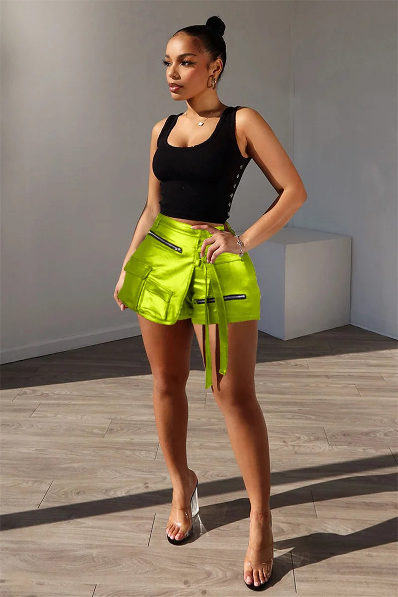 Shiny Metallic Irregular Shorts Skirts Women Y2K Clothing High Waist Button Fly Pockets Zipper Party Club Birthday Short Mujer