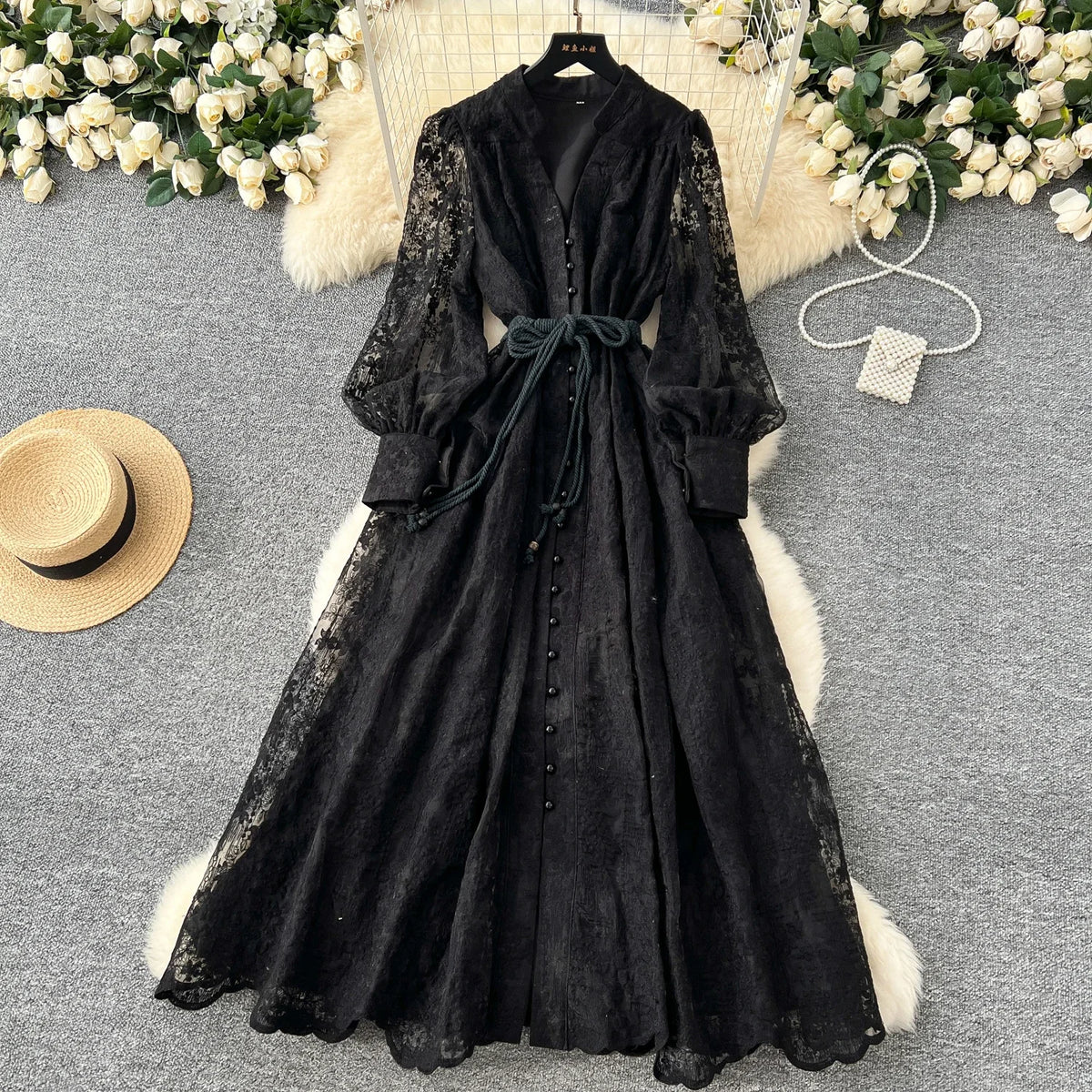 Intricate Embroidery Sash Evening Dress