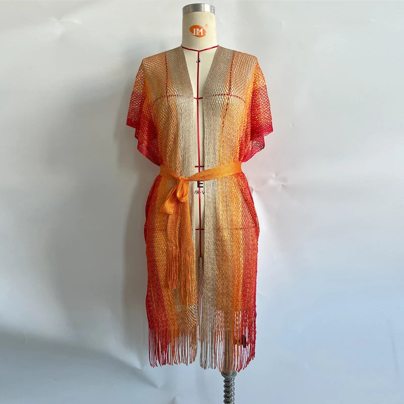 Women 2025 Tassel Style Transparent Party Robe Streetwear Short Sleeve knit Clothes Fashion Striped Colorful Belt Cardigan Dress