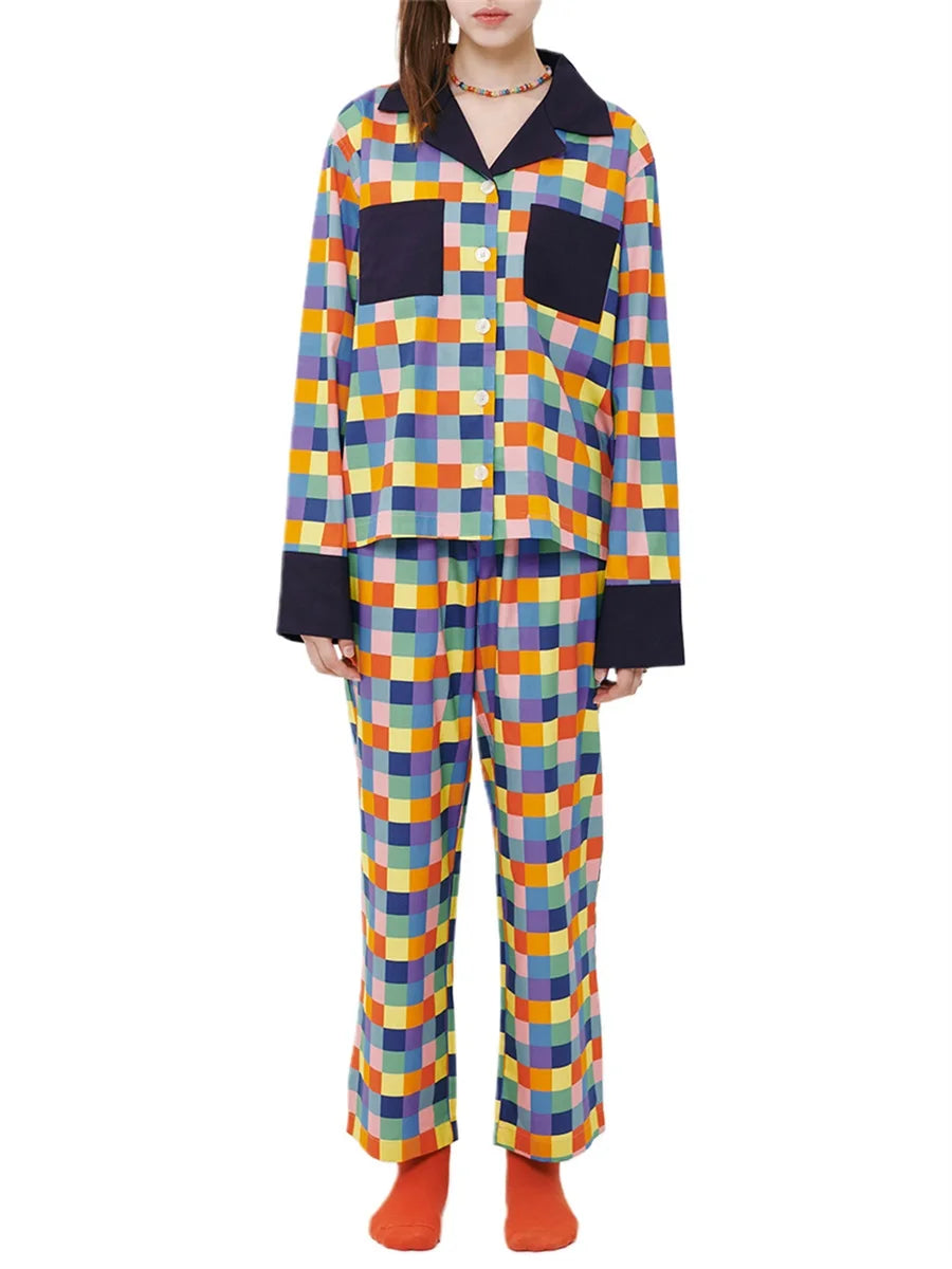 Women 2 Piece Pajamas Set Colorful Plaid Print Long Sleeve Button up Shirt and Elastic Pants for Loungewear Soft Sleepwear Pjs