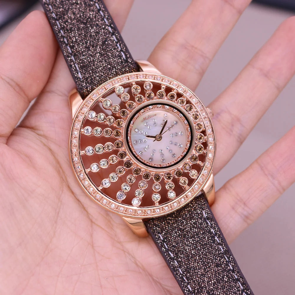Luxury Unicorn Melissa Women's Watch Rhinestone Crystal Fashion Hour Real Leather Bracelet Clock Girl's Birthday Gift Box