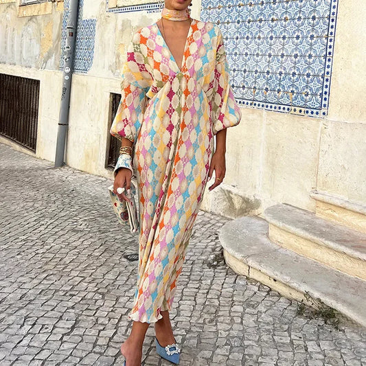 Elegant Printed Long Dress Women's Sleeveless V-neck Lantern Sleeve Midi Dress Cross-Border Fashion Casual Elegant Style