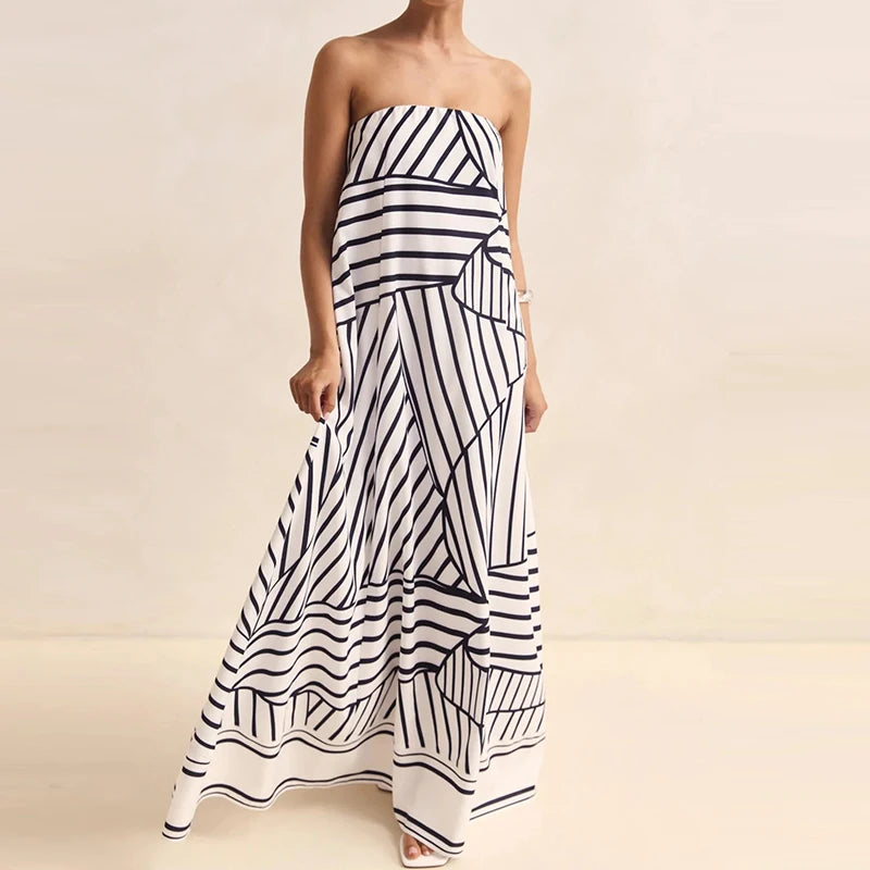 Casual Off Shoulder High Waist Loose Long Dress Backless Printed Holiday Women Dresses Summer Sexy Strapless Pleated Beach Dress