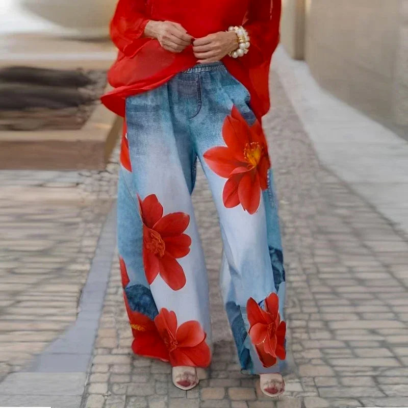 Krisstargirl Summer Women's Urban Flower Printed Pants 2025 New Loose Casual Hight Waist Wide Leg Trousers Bottoms for Woman