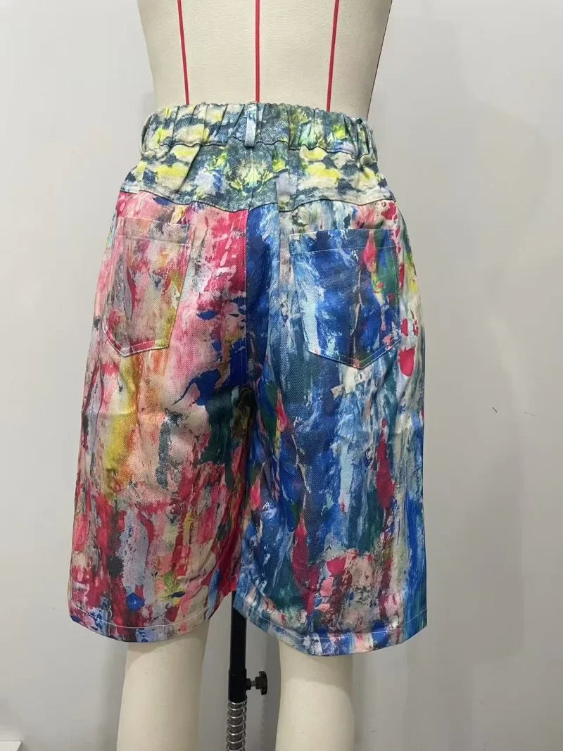 Summer Graffiti Colorful Painting Print Loose Casual Shorts Women High Waist Button Pockets Straight Short Trousers Streetwear