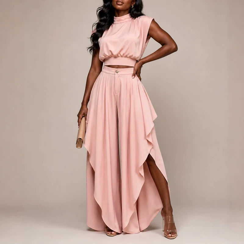 Elegant Ruffled Crop Top and Wide Leg Pants Set for Women