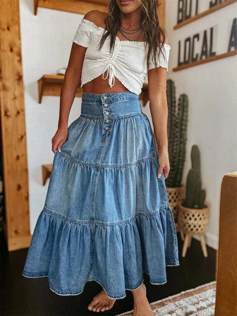 Bohemia Maxi Long Skirts Women Spring Summer Elastic High Waist Jean Skirt Ladies Vintage A-Line Ruffle Pleated Denim Skirts