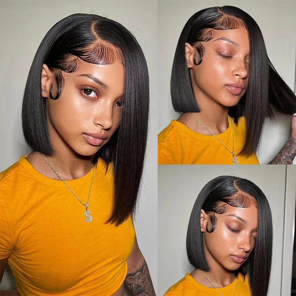 Straight Bob Wig Human Hair 200 Density Transparent 13x4 Lace Frontal Human Hair Wigs For Women Natural Color 100% Peruvian Hair