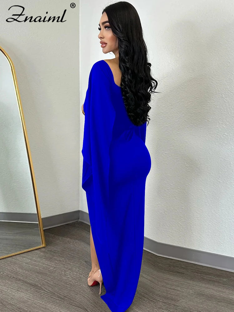 Znaiml Elegant Flare Sleeve Celebrity Nightclub Maxi Long Dresses for Women Sexy High Split Evening Party Prom Birthday Vestidos