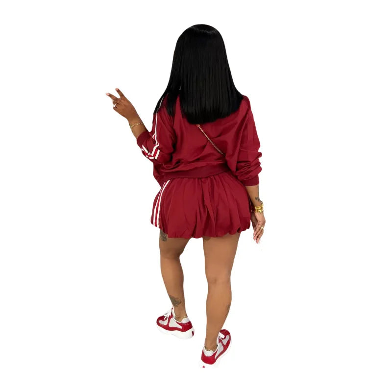 CM.YAYA Women Mini Skirts Set +Full Sleeve Striped Sweatshirt Two 2 Piece Set Outfits Fall Casual Street Night Club Cute Outfits