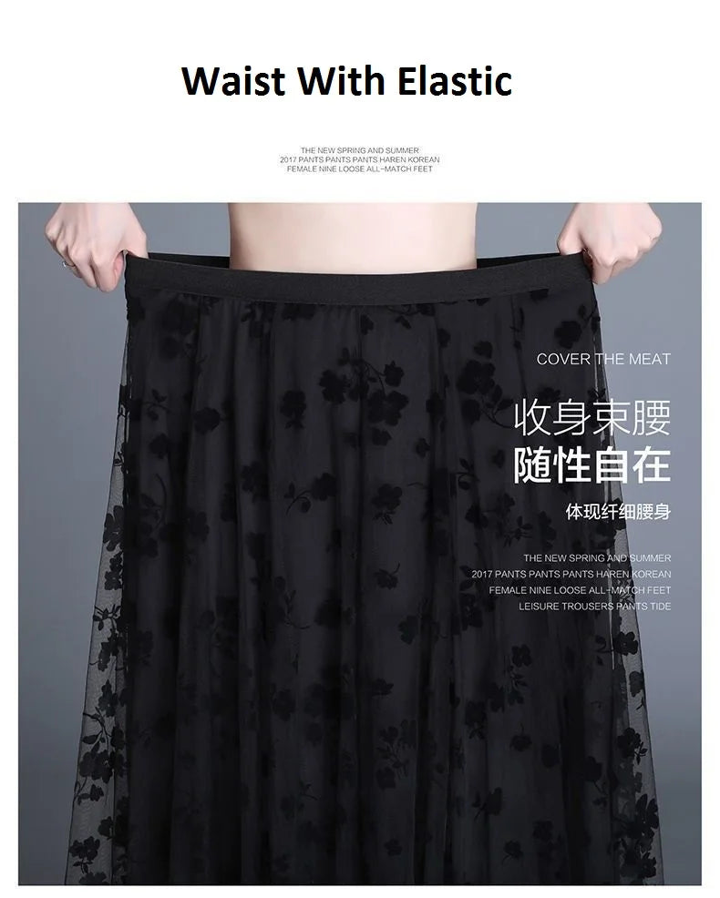 Flocking Floral Pirnted Long Mesh Skirt for Women, High Waist, Max Pleated Tutu, Tulle Skirt, Gauze Skirt, Female, 2025