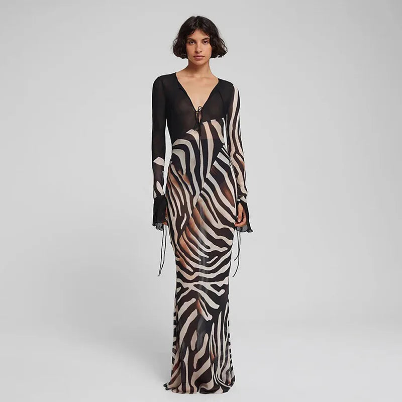 Long Sleeve Mesh Maxi Dress with Stripe Print for Women