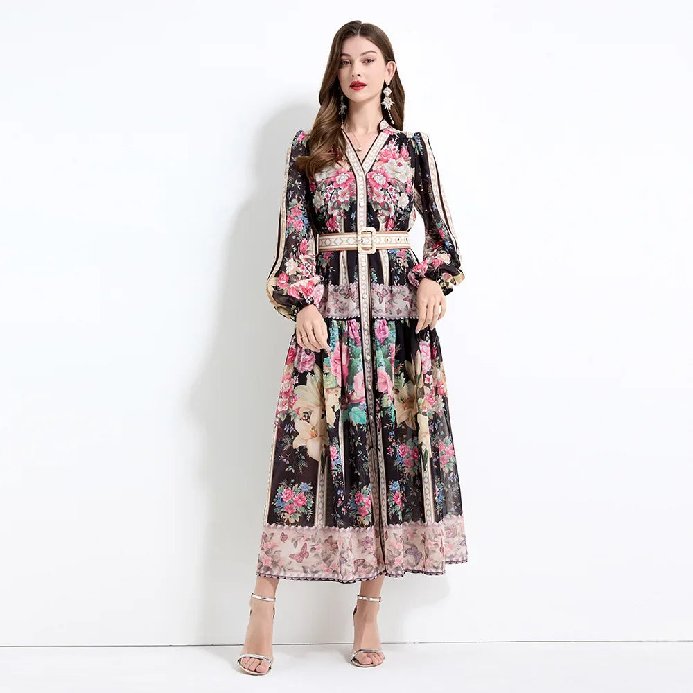 Elegant French Vintage Dress Women's High Waist Belted Print Court Style Long Dress Classy Sensation Skirt Fashionable Gown