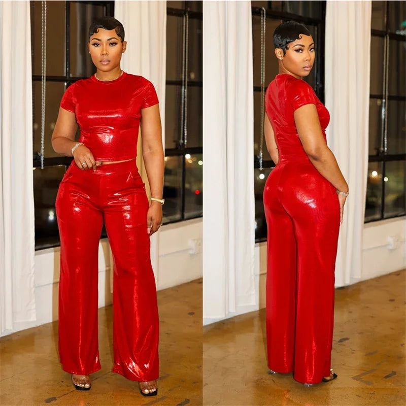 Trendy Metallic New in Matching Sets Woman 2 Piece Set Outfit Rave Club Party Short Sleeve T-shirt Top and Wide Leg Pants Set