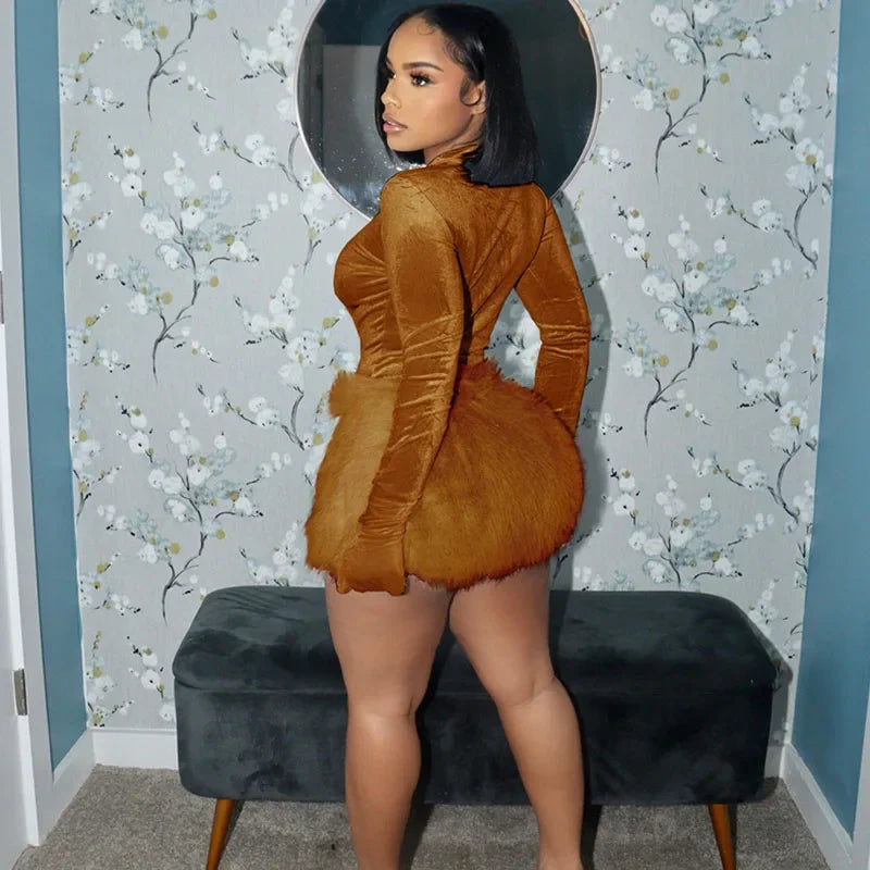 Velvet Long Sleeve Solid Gloves Sexy Bodysuit Furry Skirt 2 Piece Sets Fall Winter Women Elegant Outfit Party Birthday