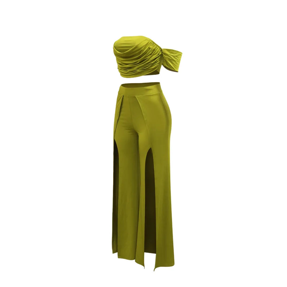 CM.YAYA Women's Set Short Sleeve Slash Neck Ruched Tops and Wide Leg split Pants 2024 Street Two 2 Piece Sets Outfit Tracksuits