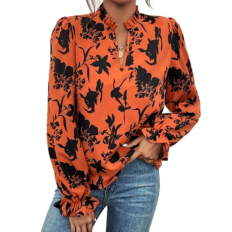 Women's Plant Flower Print Flared Long Sleeve Shirt