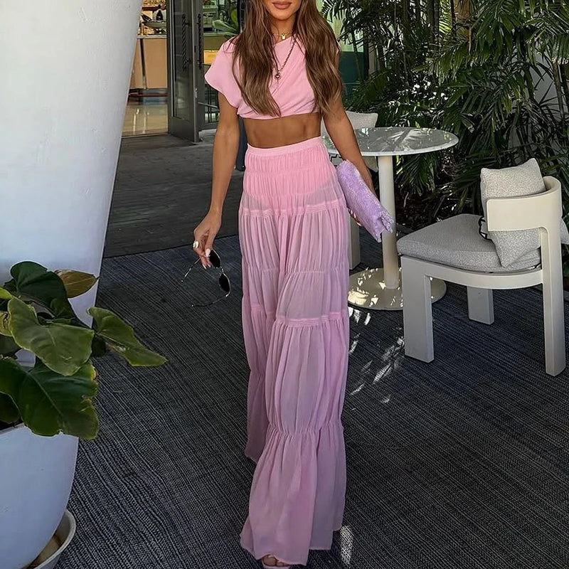 Female Casual O Neck Short Sleeved Top and Long Skirt Suit Fashion Pleated Party Outfits Pink Hollow Crop Holiday Two Piece Set