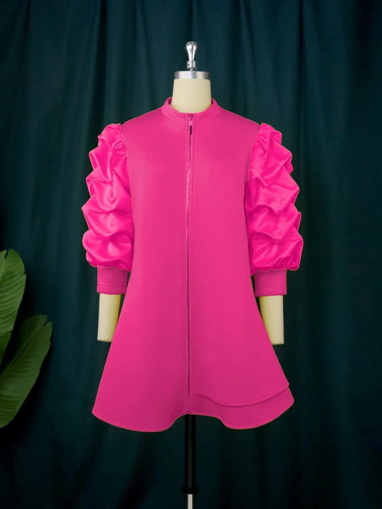 Wmstar Plus Size Dresses for Women Elegant Lady Loose Purff Zipper Up Long Sleeve Party Mini Dress Wholesale Dropshipping 2024