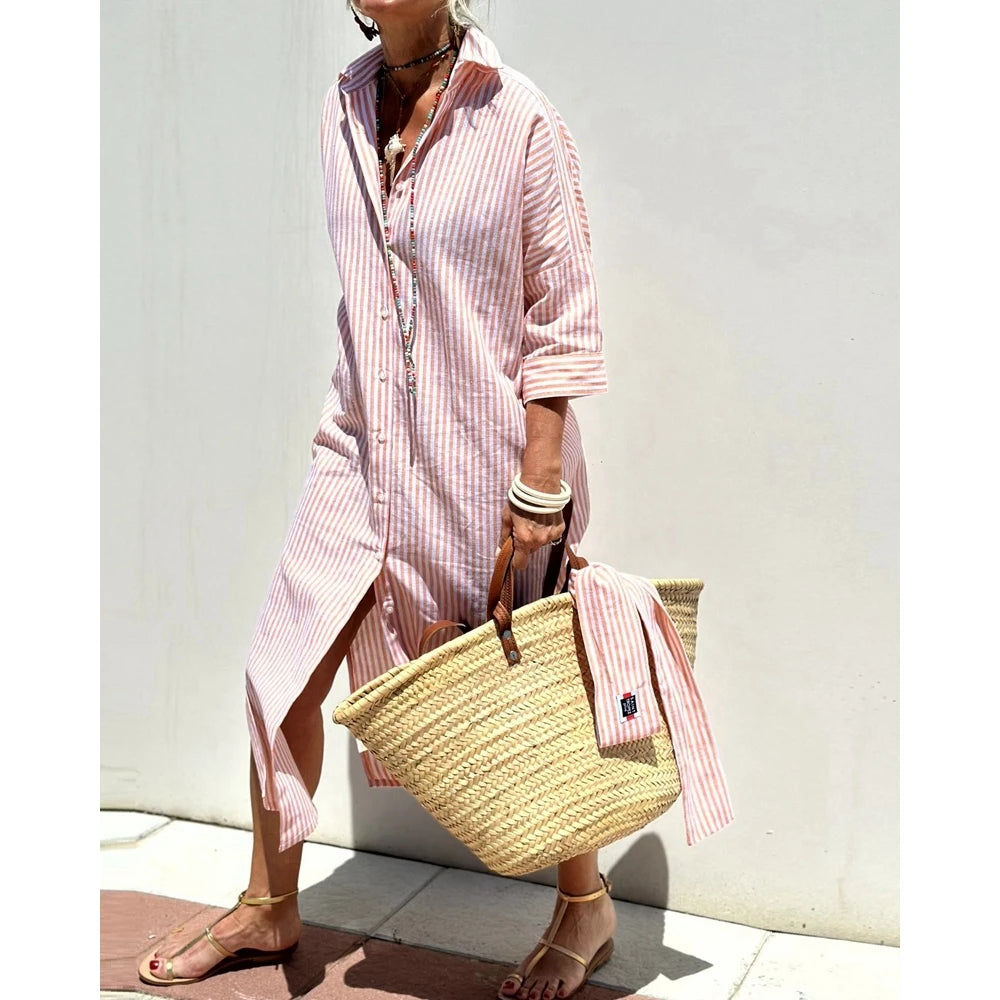 2025 Summer New Women's Stripe Lapel Half Sleeve Shirt Dress Turn-down Collar Button Front Midi Dress With Belt