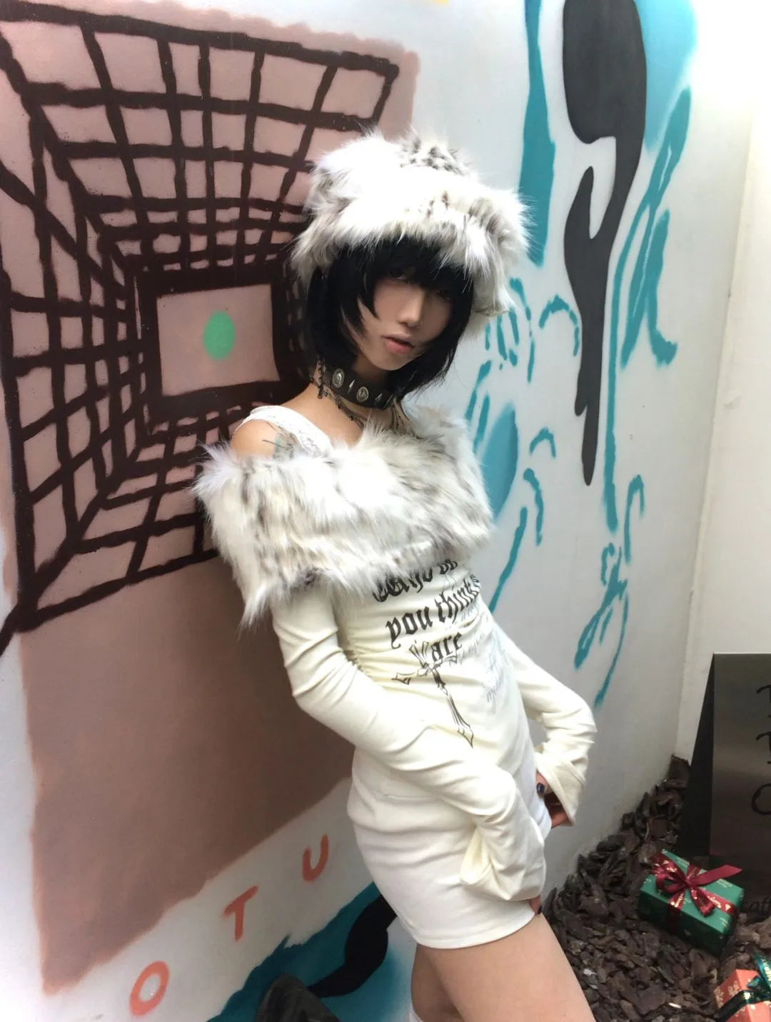 Karrram Japanese Y2k Fur Collar Tops 2000s Aesthetics Off Shoulder Knit Tops Vintage Harajuku Letter Print Long Sleeve T-shirt