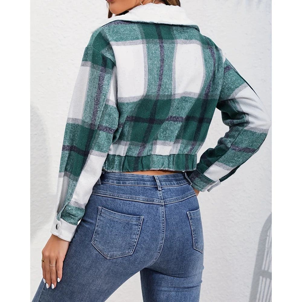 Women Fluffy Turn-down Collar Striped Print Covered Button Short Jackets Autumn Long Sleeve Coat Outfits Winter Clothing
