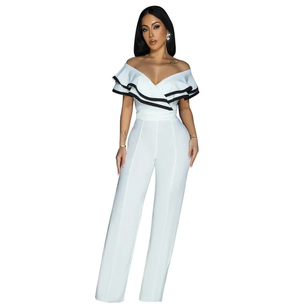 CM.YAYA Women V-neck Off Shoulder Ruffles Wide Leg Jumpsuits 2024 Summer Fashion Sexy Party Playsuit One Piece Suit Rompers