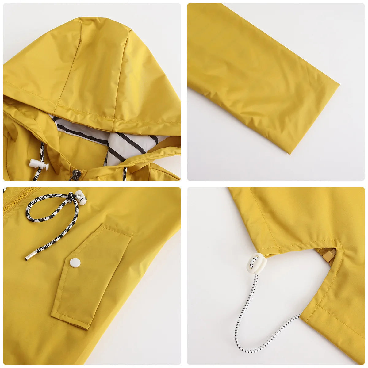Women Outdoor Windbreaker Casual Loose Hooded Waterproof Raincoat Long Sleeve Solid Color Mid-length Zipper Hiking Jackets