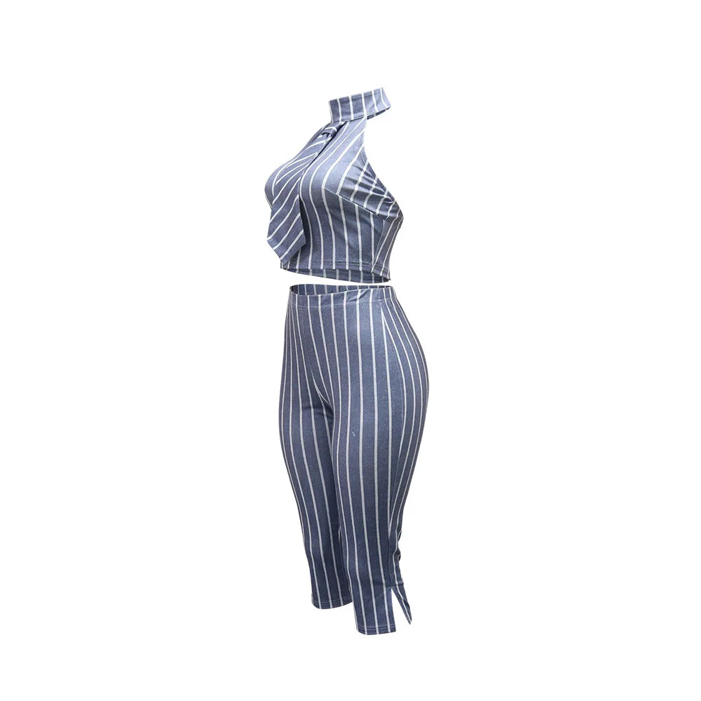CM.YAYA Striped Printed Women's Set Sleeveless Necktie Tops and Leggings Pants 2025 Sexy Party Two 2 Piece Sets Outfit Tracksuit