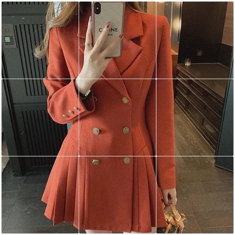 4XL Women's Fat mm Hepburn Double breasted Blazer Suit Dress Autumn and Winter Waist Shrinking Long Sleeve Pleated Dress Orange