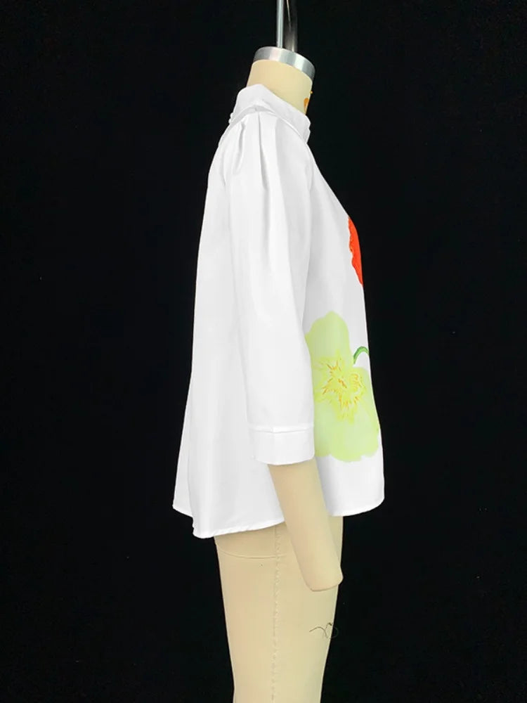 2025 Flower Printed T-shirt for Women Stand Collar Three-quarter Sleeves Loose Fit Shirt Top Summer Casual Blouse