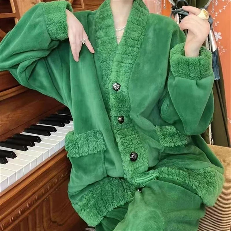 5XL Stripes Women's Flannel Cardigan Home Fur Solid Color Loose Coral Velvet Pajama Set Autumn/Winter Pants Two Piece Suit Red