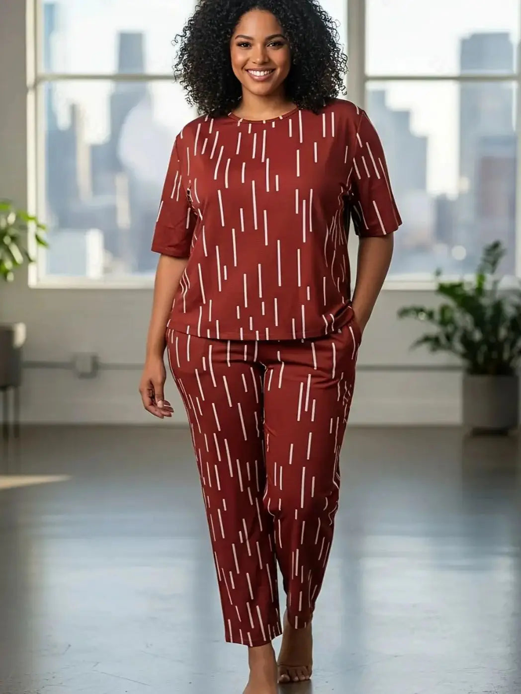 Wide leg pants set Short sleeve top Round neck Striped print Casual style Loose fit Burgundy Resort wear Simple and stylish Comf